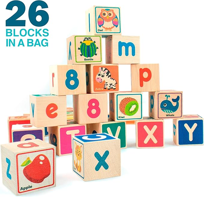 QUOKKA Wooden Blocks for Toddlers 1-3 - 26 ABC Learning Baby Blocks for Kids 3-5 Year Olds Stacking Alphabet Wood Toys for 2-4 yo - Educational with Letters Numbers - Updated Edition