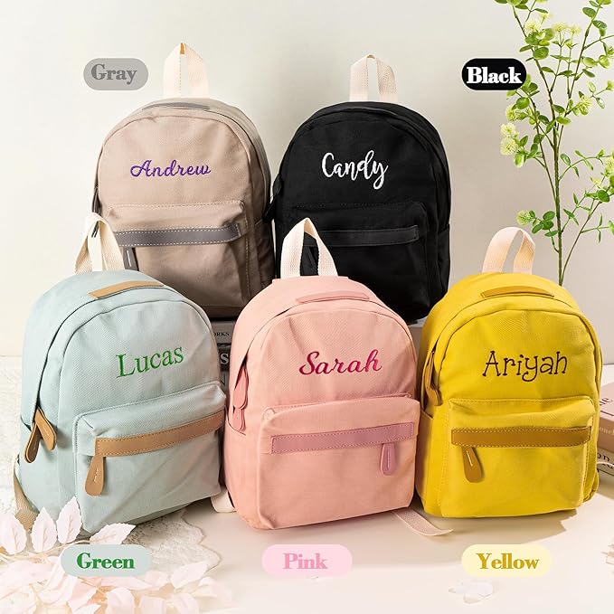 MT WORLD Daycare Backpack - Personalized Canvas Backpack with Name - Classic 12inch Daypack with Back Pocket - Custom Daycare Diapering Bag for Overnight Travel Birthday Gifts (Stone Gray, Medium)