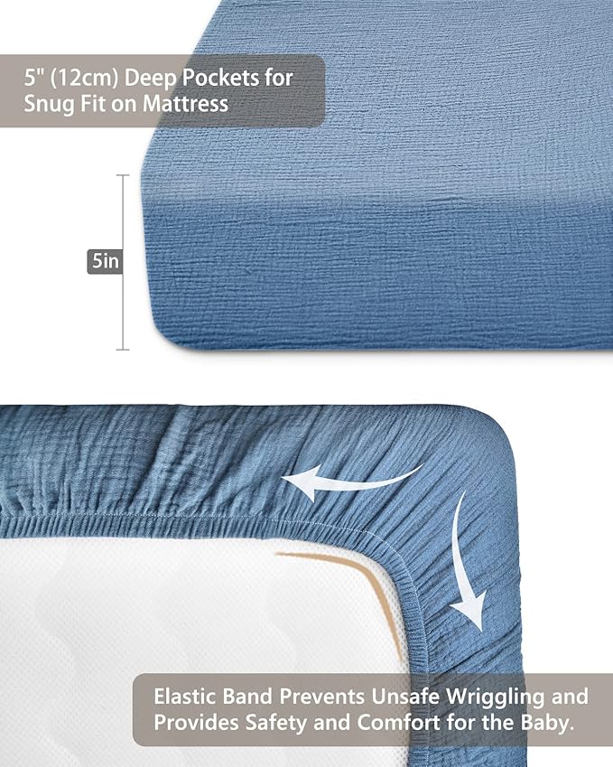 Mini Crib Sheets for Baby, Fitted Pack N Play Mattress and Mini Cribs 24" x 38", Neutral Muslin Cotton Mini Crib Mattress Sheet with Boho Style, Soft and Breathable Comfort (Blue)