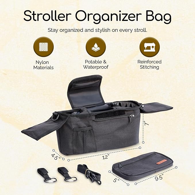My lil Aviator Universal Stroller Organizer Bag with 2 Insulated Cup Holder, Durable Detachable Phone Bag and Shoulder Strap – Fits for Pet Stroller Caddy, Uppababy, Baby Jogger, Britax, Doona, Nuna
