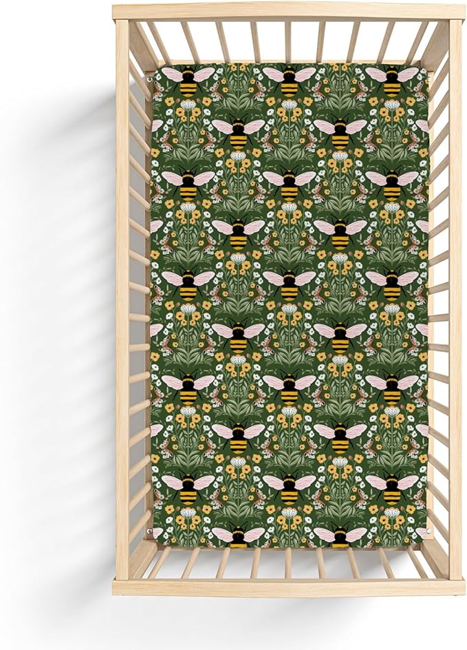 Bee Honey Garden Green Baby Crib Sheets for Boy Girl 52"x28" Boho Floral Bees Honey Butterflies Soft Snug Fitted Crib Mattress Covers Spring Summer Baby Sheet for Standard Crib & Toddler Bed Mattress