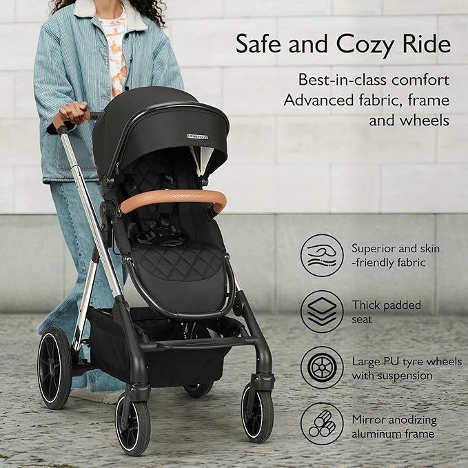 Beberoad Love RX 3-in-1 Baby Stroller, Toddler Stroller, Foldable Infant Stroller, Reversible Toddler Seat with Organizer, Rain Cover, Sunshade & Mosquito 2 in 1 Cover and Large Storage Basket（Black）