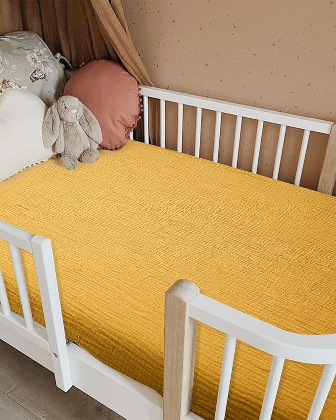 Crib Sheets for Boys Girl, Fitted Baby Toddler Bed Sheets 28" x 52", Neutral Muslin Cotton Crib Mattress Bedding Soft and Breathable Comfort (Mustard Yellow)