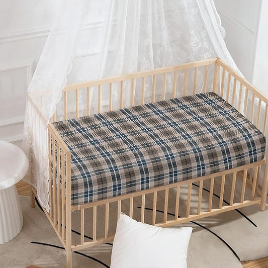 Brown Plaid Checkered Fitted Crib Sheet for Boys Girls Geometric Gingham Baby Sheet for Standard Crib and Toddler Rustic Patch Nursery Bed Mattress Sheets 28"x52"