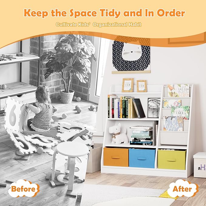 HedoAjim Kids Bookshelf Wood Montessori Toy Storage Organizer Cabinet Shelf Child Bookcase Toddler Baby Sling Book Rack 3 Cube Bin Fabric Drawers for Playroom Bedroom Nursery School