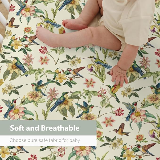 Vintage Hummingbirds Flowers Baby Crib Sheets for Boy Girl 28"x52" Spring Birds Colorful Floral Leaves Soft Snug Fitted Crib Mattress Cover Garden Baby Sheet for Standard Crib & Toddler Bed Mattress