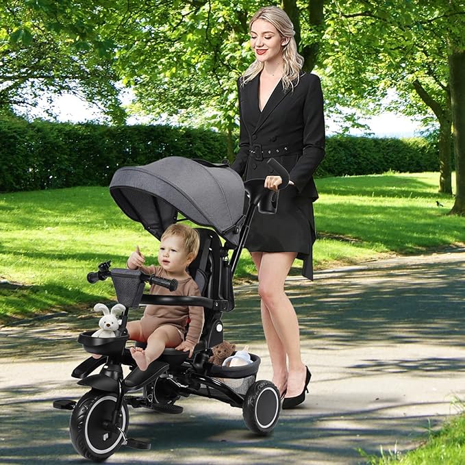 Folding Kids Tricycle, 8 in 1 Baby Trike W/Removable & Adjustable Canopy, Parent Handle, 5-Piont Safety Harness, Toddler Bike Stroller for Kids 1-6 Years, EVA Wheels, Storage Basket, Grey