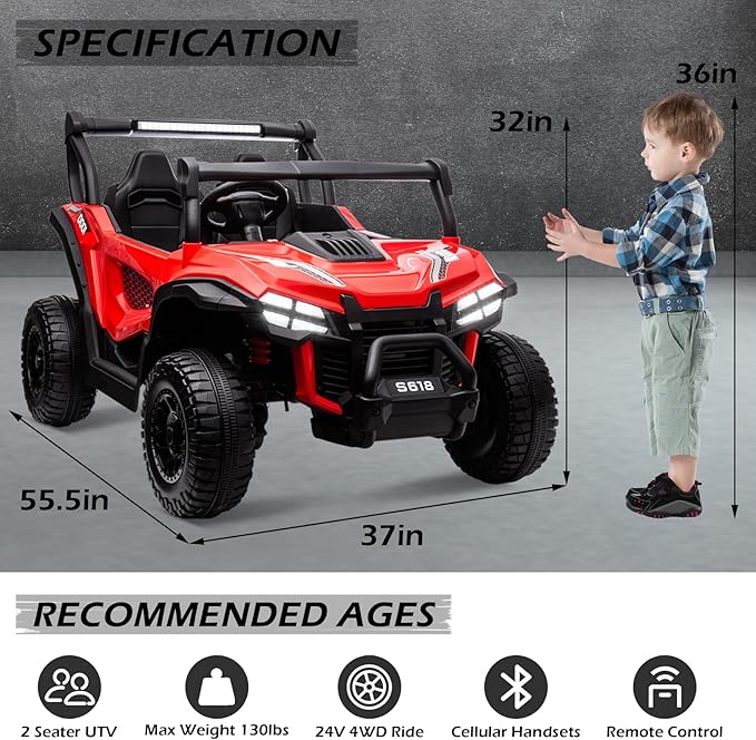 MOLACHI 24V 2 Seater Kids Ride on UTV Car,4WD Battery Powered Electric Vehicle for Kid,Ride On Truck with Remote Control,Safety Belts,3 Speeds,Bluetooth (Red)