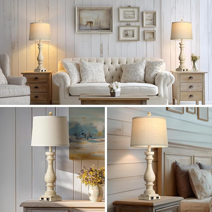 luxeflow 29" Tall Vintage Table Lamps Set of 2,Farmhouse Bedside Lamps with USB C+A Ports & AC Outlet,3-Way Dimmable Touch Lamp for Night Stands Living Room Bedroom,Beige