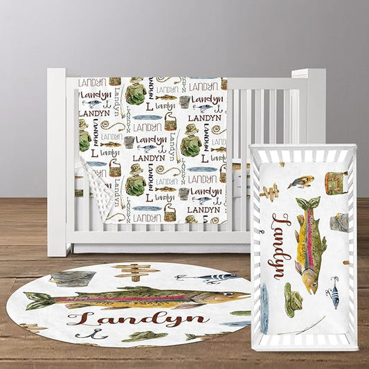 Custom Baby Crib Bedding Set, Personalized Name Fishing Theme Design Crib Set 3 Pcs, Soft Double Layer Blanket, Crib Sheet & Room Rug, Ideal Nursery Decor Gift for Baby Girls Boys