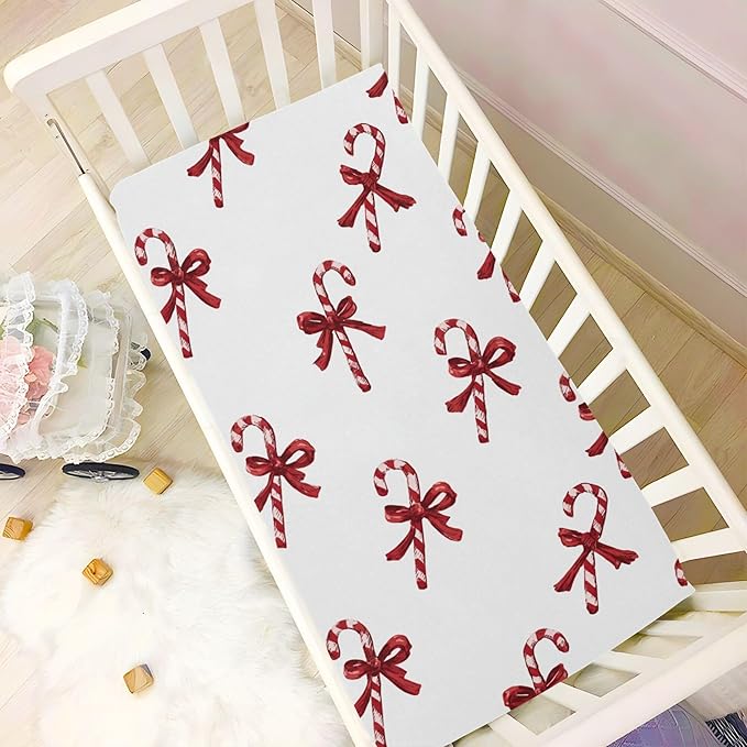 Christmas Bows Candy Cane Crib Sheets Soft Breathable Fitted Baby Crib Sheets Mattress Cover for Girls Boys, 52" x 28" x 9"