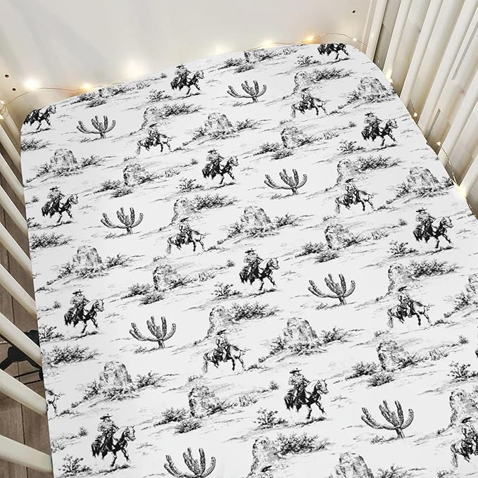 Vintage Western Cowboy Baby Crib Sheets for Boy Girl 28"x52" Retro Cowboy Horse Cactus Soft Stretchy Fitted Crib Mattress Cover Wild Desert Baby Sheet for Standard Crib & Toddler Mattress Pads