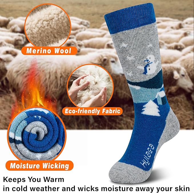 Hylaea Merino Wool Ski Socks Kids, Knee-high Warm Thermal Snowboard Skating Socks for Boys Girls Toddler