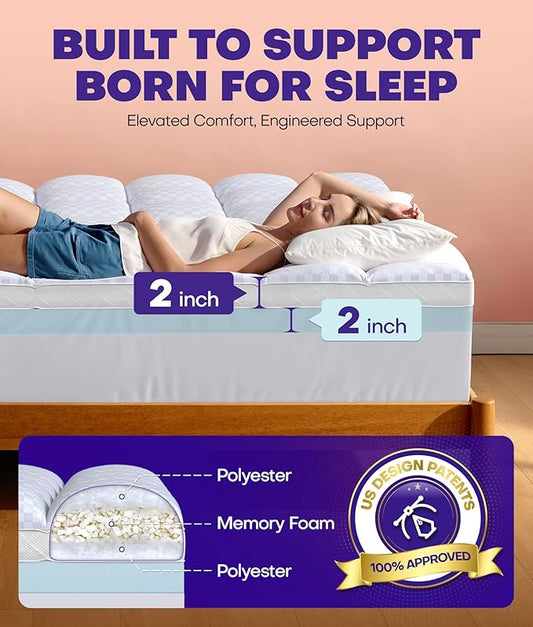 Dual Layer 4 Inch Memory Foam Mattress Topper for Pressure Relief with 4X Support, 2" Pillow Top Full Mattress Topper 50% Viscose Made from Bamboo Plus 2" Cooling Gel Memory Foam Comfort Mattress Pad