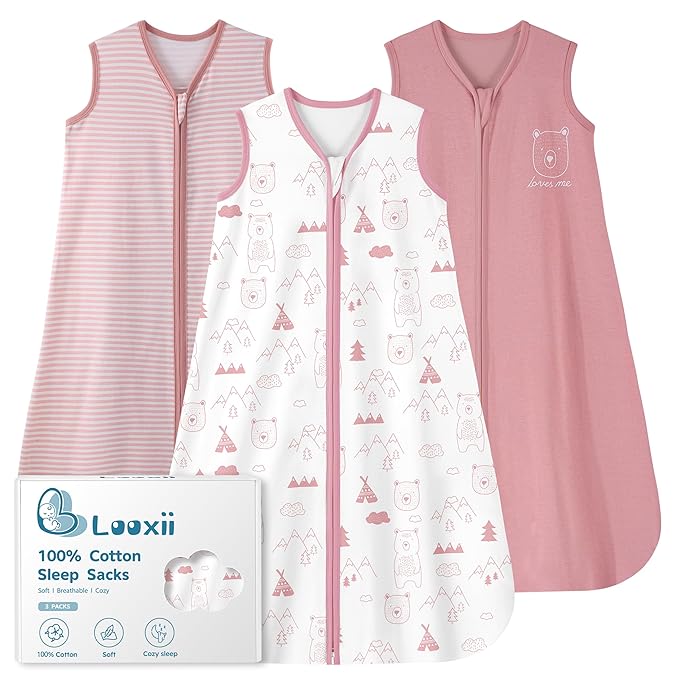 Looxii Baby Sleep Sack 0.5 TOG, 100% Cotton 3 Pack Wearable Blanket Baby Sleep Bag for Newborn Infant, 2-Way Zipper Lightweight Toddler Sleeping Sack 12-18 Months