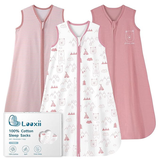 Looxii Baby Sleep Sack 0.5 TOG, 100% Cotton 3 Pack Wearable Blanket Baby Sleep Bag for Newborn Infant, 2-Way Zipper Lightweight Toddler Sleeping Sack 12-18 Months