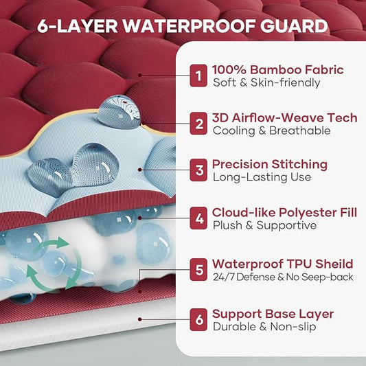 OhGeni 100% Waterproof Mattress Protector,Queen Size Mattress Soft Pad,Hair & Bedwetting Resistant,Cooling Breathable Fitted Sheets,Washable Bed Cover,Non-Slip Deep Pocket,Noiseless for Bedroom,Red