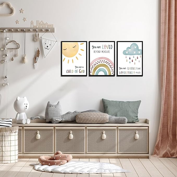 Kids Bible Verse Wall Art, Christian Scripture Wall Decor Paintings Set of 3, Nursery Rainbow Inspirational Posters Prints Pictures for Classroom Kids Room Baby Room Bedroom 12x16 Inch Wood Framed
