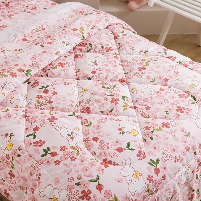 Caressma Twin Size 5 Pieces Pink Comforter Set, Lovely Rabbit Pattern Kids Bedding Set in a Bag with Floral Comforter, Fitted Sheet, Flat Sheet, Pillow Case & Pillow Sham