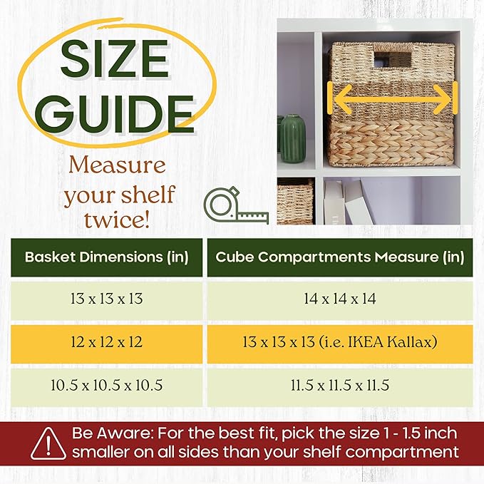 CHI AN HOME 12x12 Storage Cube Bins Wicker Storage Basket for Cube Shelf, Natural Foldable Square Baskets for Storage, Large Woven Cube Storage Bin with Handle, Baskets for Pantry, Bedroom Set of 4