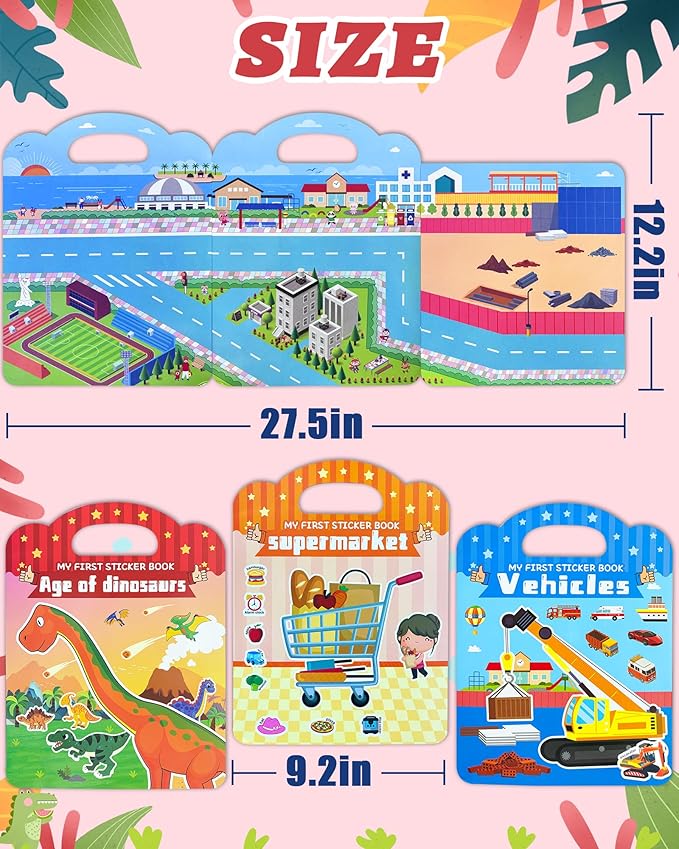 Benresive Reusable Sticker Books for Toddlers, 3 Sets Travel Stickers for Kids, Toddler Sticker Book, Crafts Activities for Toddlers, 3 and Up Birthday Gifts Travel Toys