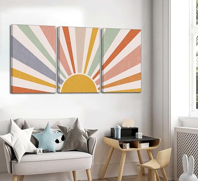 3 Pieces Nursery Boho Canvas Wall Art Rainbow Sun Rising on the Horizon Geometric Nature Illustration Line Pictures Wall Decor Posters Prints for Toddler Kids Room Home Decoration
