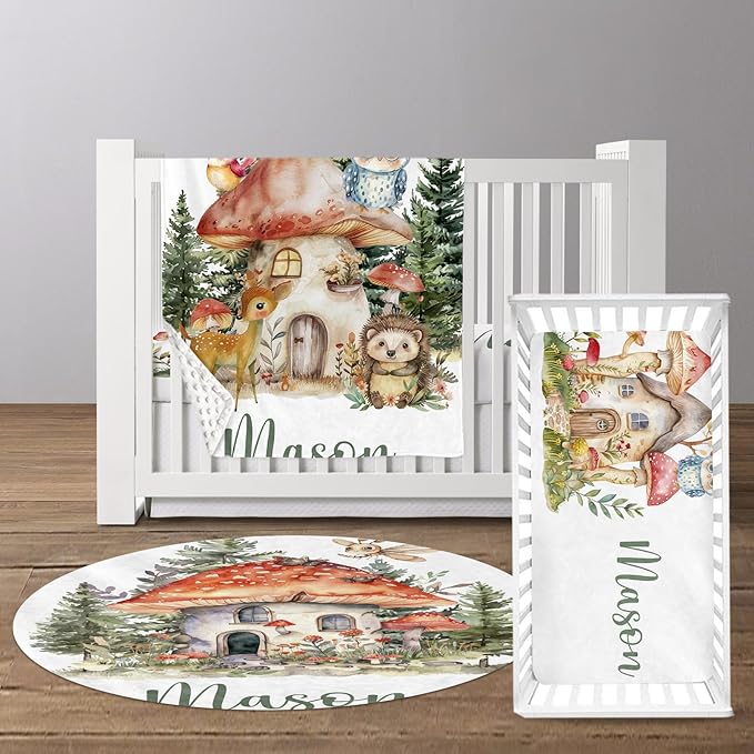 Custom Baby Crib Bedding Set, Personalized Name Mushroom House Design Crib Set 3 Pcs, Soft Double Layer Blanket, Crib Sheet & Room Rug, Ideal Nursery Decor Gift for Baby Girls Boys