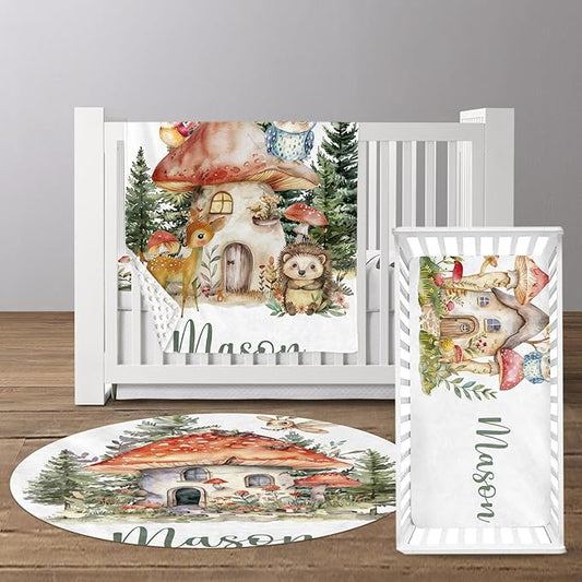 Custom Baby Crib Bedding Set, Personalized Name Mushroom House Design Crib Set 3 Pcs, Soft Double Layer Blanket, Crib Sheet & Room Rug, Ideal Nursery Decor Gift for Baby Girls Boys