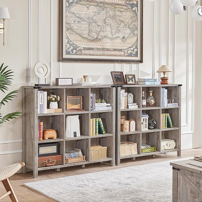 Joaxswe 9 Cube Bookcase, Farmhouse 47 Inch Wide Grey Oak Bookshelf, Wooden 3 Tier Display Large Open Book Shelf, Vintage Horizontal Book Case for Home Office, Cubby Storage Cabinet for Living Room