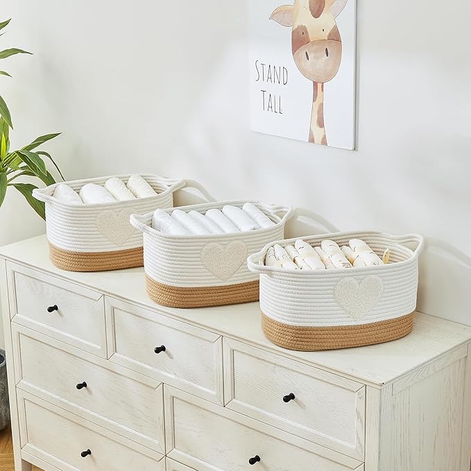 BUBUSUN Storage Bins Woven Baskets for Storage Set of 3, Cotton Rope Basket with Handles for Toys/Shelves/Laundry, Rectangle Multi-Purpose Organizer for Living Room, Bedroom, Nursery (Heart)