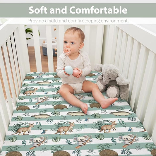 Australian Animals Tropical Leaves Baby Crib Sheets for Boy Girl 28"x52" Koala Green Stripes Soft Stretchy Fitted Crib Mattress Cover Native Australia Baby Sheet for Standard Crib & Toddler Mattress
