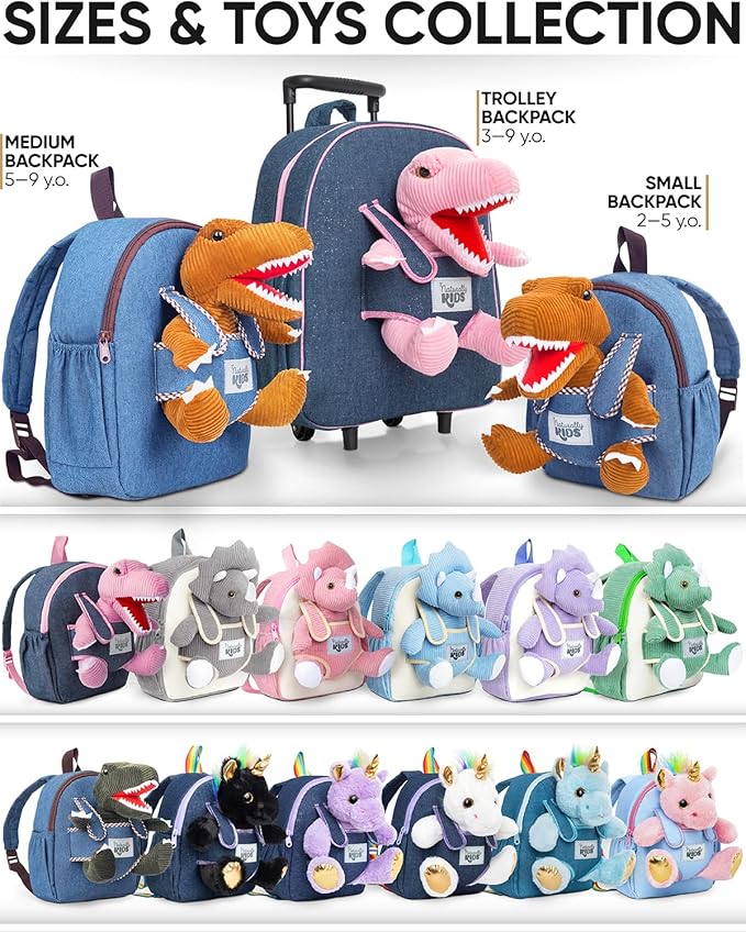 Naturally KIDS 【Upgraded】 Toddler Backpack with Detachable Dinosaur Toy for Boys | Side & Inner Pockets, Reflective Logo | Dinosaur Backpack for Kids 3-5