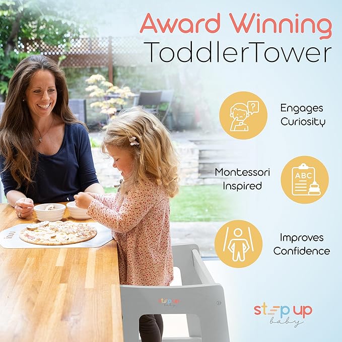 Stepup Baby Toddler Step Stool - Adjustable Height Kids Helper Step Stool, Durable, Non-Slip and Bathroom Sink, Platform for Kitchen, Toddler Tower for Exploration and Growth - Grey