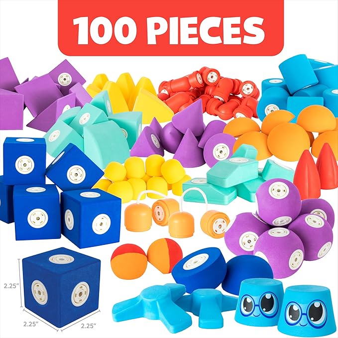 Blockaroo Magnetic Foam Building Blocks - 100-Piece Set with Storage Chest, Bath Toys for Toddlers, Preschool Toys, Sensory Toys, Blocks for Toddlers 3-5, Engineering Toys for Kids 3-5