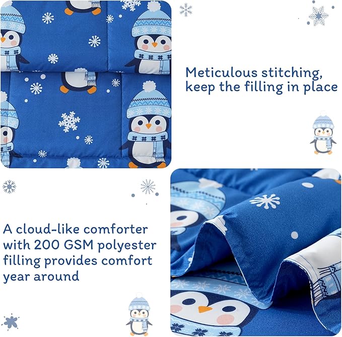 JSD Christmas Toddler Bedding Set, 4 Piece Blue Penguin Snowflakes Bed-in-Bag Comforter Sheet Set, Machine Washable