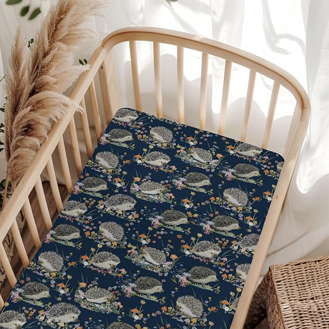 Happy Hedgehogs Mushroom Floral Baby Crib Sheets for Boy Girl 28"x52" Cartoon Hedgehog Soft Snug Fitted Crib Mattress Cover Summer Animal Baby Sheet for Standard Crib & Toddler Bed Mattress