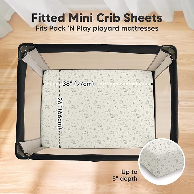 2 Pack and Play Sheets, Waterproof Mini Crib Sheets Fitted - 38x26 Organic Cotton Pack N Play Sheets for Graco Pack and Play Mattress, Playard Baby Crib Sheets,Neutral for Boy,Girl,Toddler(Pine Grove)