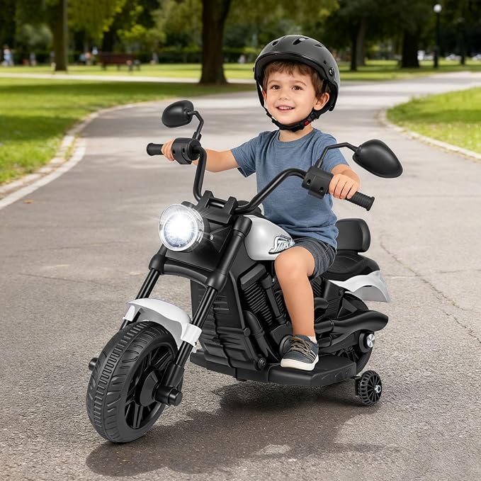 HONEY JOY Toddler Motorcycle, 6V Battery Powered Electric Motorcycle for Kids, Detachable Training Wheels, Music, Foot Pedal, Headlights, Forward/Backward, 3-Wheel Ride On Toy for Boys Girls (White)
