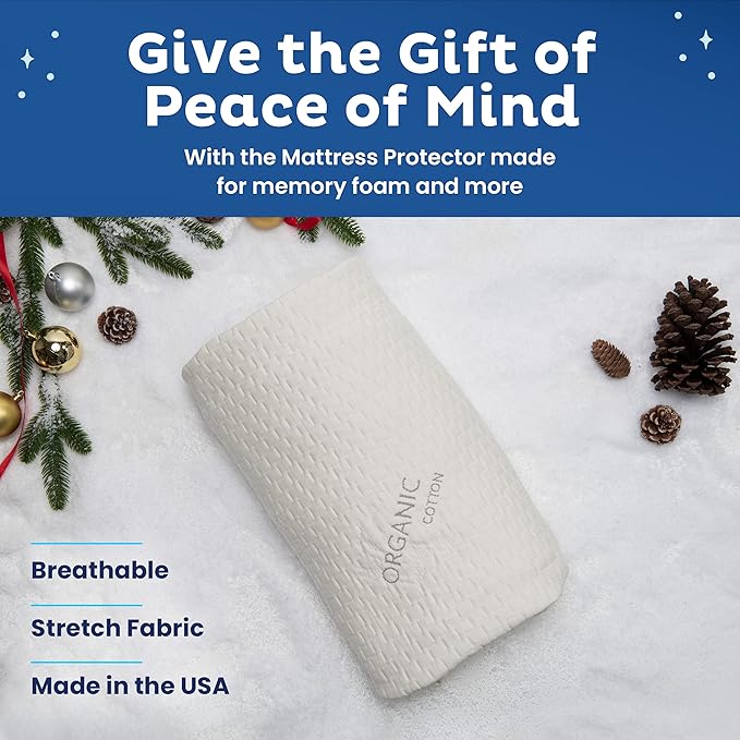 Memory Foam Mattress Protector – Organic Cotton with Eco-Friendly Greenshield Water Resistance – Kool-Flow Breathable Stretch Fabric – All USA Made – Best for Plush Beds – Twin