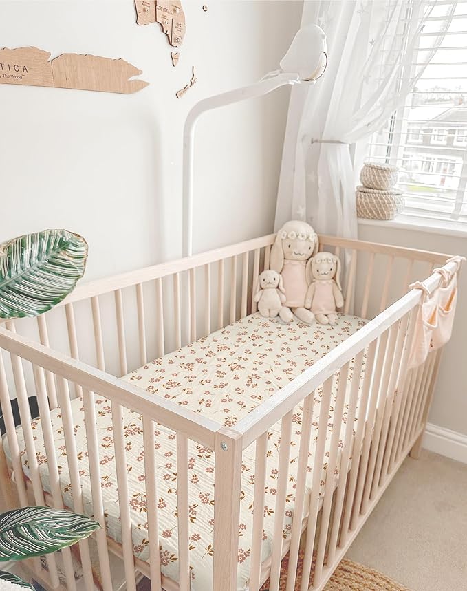 Pack and Play Sheets for Baby Boy and Girl 2 Pack, Neutral Muslin Cotton Pack N Play Mattresses Sheet 27"x39", Muslin Nursery Bedding Soft and Breathable Comfort (Floral & Pink)