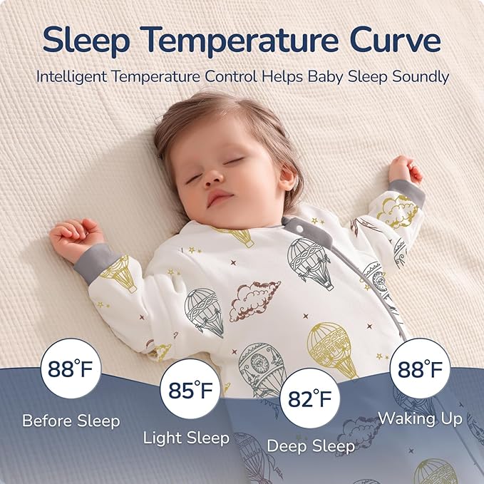 Baby Sleep Sack 6–12 Months, Cotton Sleep Sack with Detachable Long Sleeves, 1.0 TOG Wearable Blanket for Cooler Nights, 2-Way Zipper Toddler Sleeping Sack with Temperature Strip, Hot Air Balloon