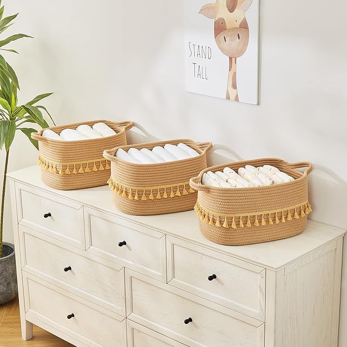 BUBUSUN Storage Bins Woven Baskets for Storage Set of 3, Cotton Rope Basket with Handles for Toys/Shelves/Laundry, Rectangle Multi-Purpose Organizer for Living Room, Bedroom, Nursery (Brown)