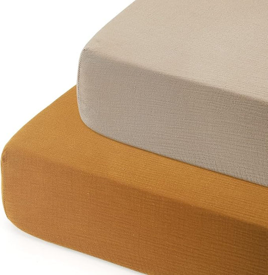GRSSDER Soft Muslin Crib Sheet 2 Pack, 100% Cotton Crib Sheets for Boys and Girls, Fit Standard Crib Mattresses 52" x 28" Safe and Snug,Taupe/Fall Yellow