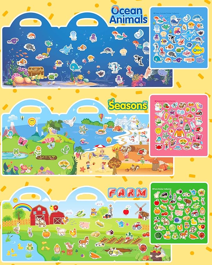 Benresive Reusable Sticker Books for Toddlers, 3 Sets Travel Stickers for Kids, Toddler Sticker Book, Crafts Activities for Toddlers, 3 and Up Birthday Gifts Travel Toys