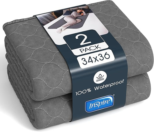 Inspire Underpads | Stain Hiding Gray Reusable Incontinence Bed Pads | Waterproof Mattress Pad | for Adults Babies and Dogs (34 X 36 - 2 Pack)