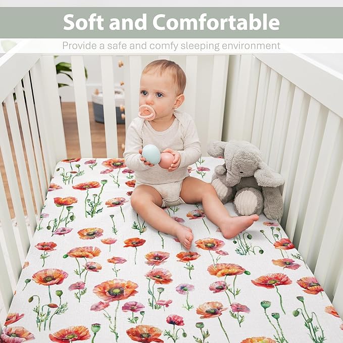 Watercolor Poppies Flowers Baby Crib Sheets for Boy Girl 28"x52" Red Poppies Green Leaves Soft Snug Fitted Crib Mattress Cover Spring Summer Floral Baby Sheet for Standard Crib & Toddler Mattress