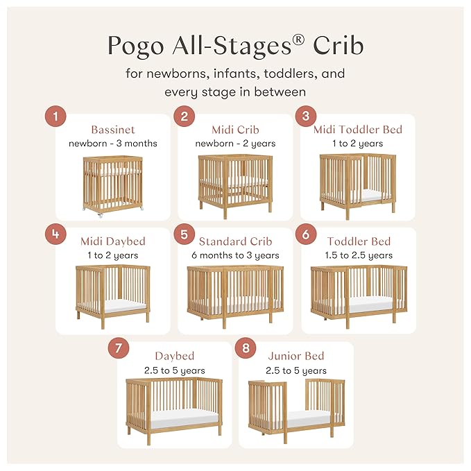 Babyletto Pogo 8-in-1 All Stages Convertible Crib - GREENGUARD Gold - Includes Pads & All Conversion Kits - Bassinet, Midi & Full-Size Baby Crib to Toddler Bed, Baby Bed - Portable & Adjustable, Honey