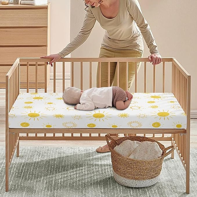 Yellow and White Sun Fitted Crib Sheet for Boys Girls Sunny Boho Bohemian Celestial Sky Baby Sheet for Standard Crib and Toddler Sunshine Nursery Bed Mattress Sheets 28"x52"