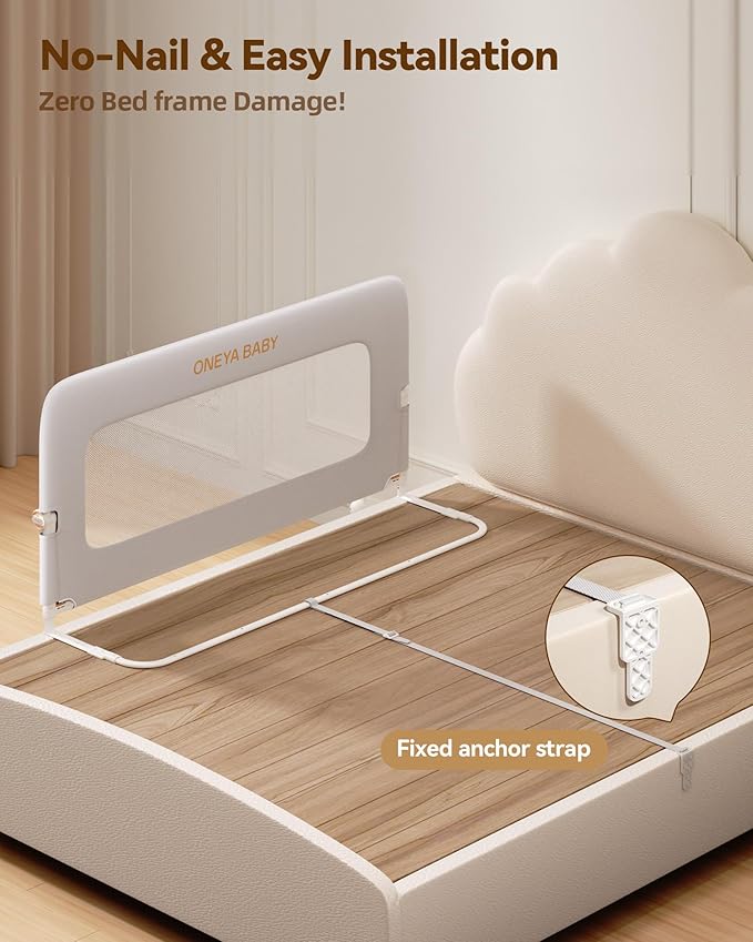 Baby Bed Rail Guard, 48in Thickened Toddler Bed Rail for Toddlers, Extral Tall Swing Down Child Safety Side Railing Guards with Reinforced Anchor for Twin, Full, Queen, King Bunk Size Bed, Grey, 27”H