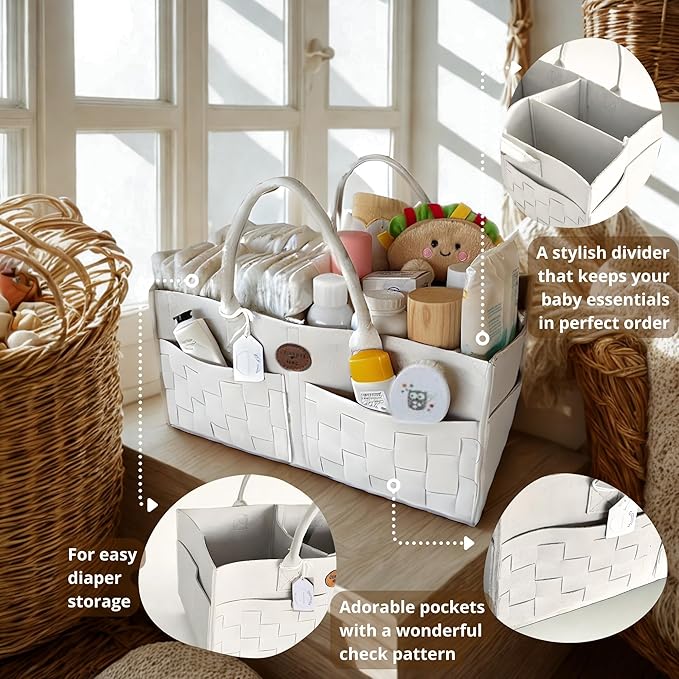 QGENUBA Baby Diaper Caddy Organizer for Nursery – Large Felt Storage Basket for Baby Essentials, Wipes & Diapers – Portable Nursery Organizer Bin for Changing Table or Living Room Winter White